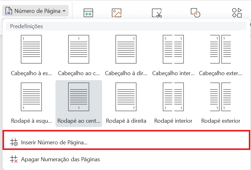 Opção Inserir Número da Página