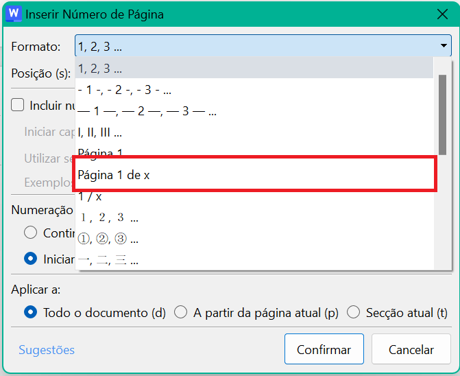 Tipos de Formatos de Números de Página no Pop-up de Inserir Número da Página