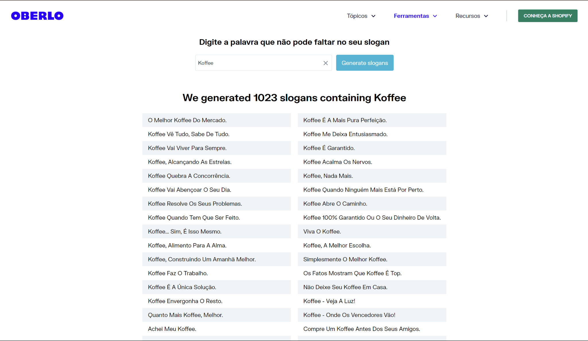 Resultados do Gerador de Slogan Oberlo
