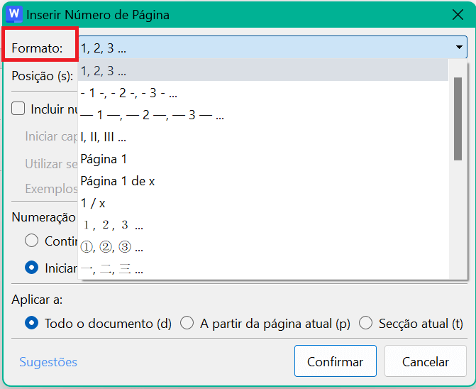 Tipos de Formatos de Números de Página no Pop-up de Inserir Número da Página