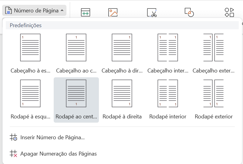 Opções de formato do Número da Página