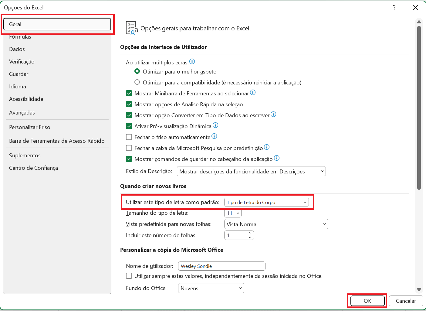 Definir nova fonte como padrão no Microsoft Excel