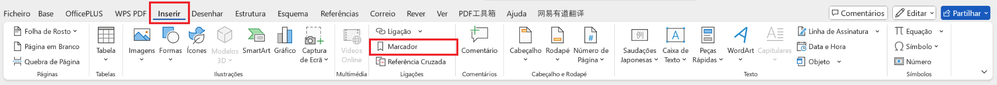 Opção de Marcador do Microsoft Word
