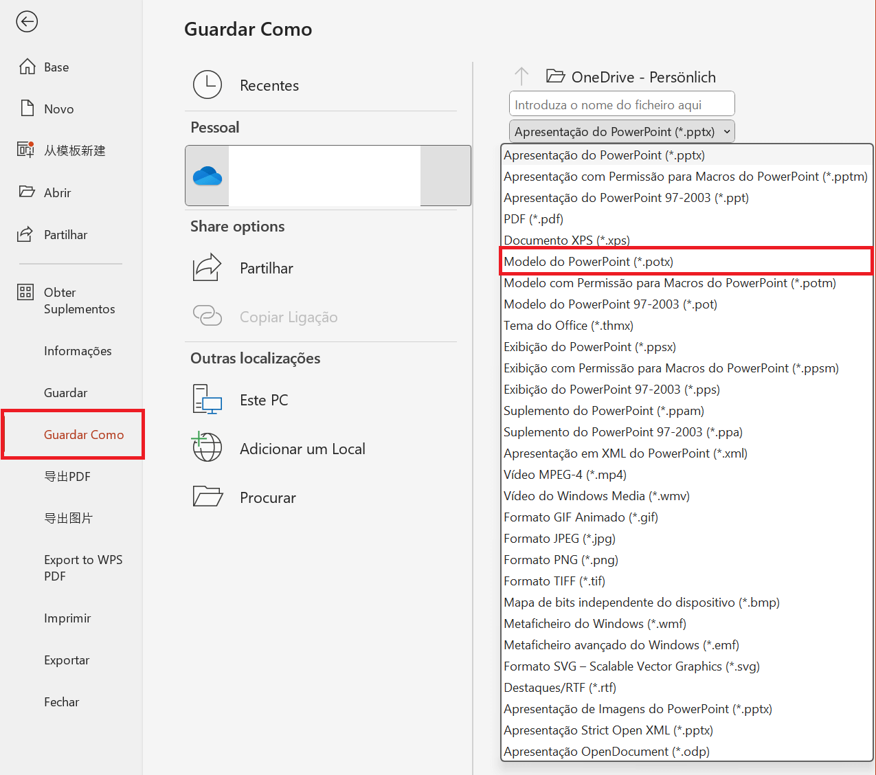 Microsoft PowerPoint  mudar tipo de arquivo para .POTX
