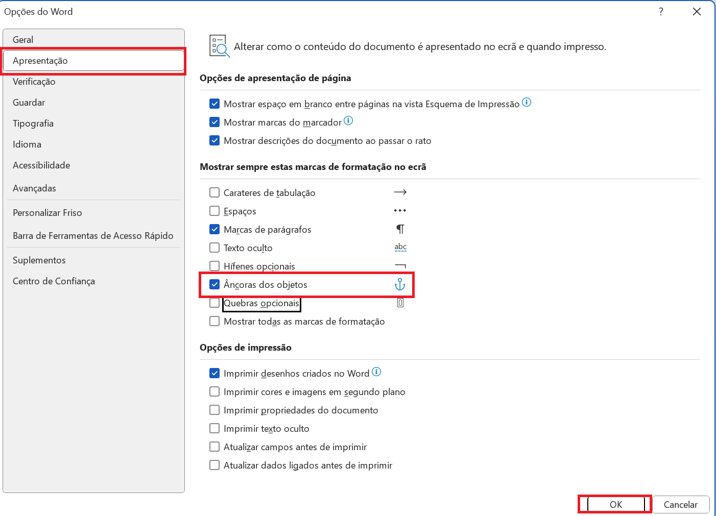 Opção de Âncora de Objetos do Microsoft Word
