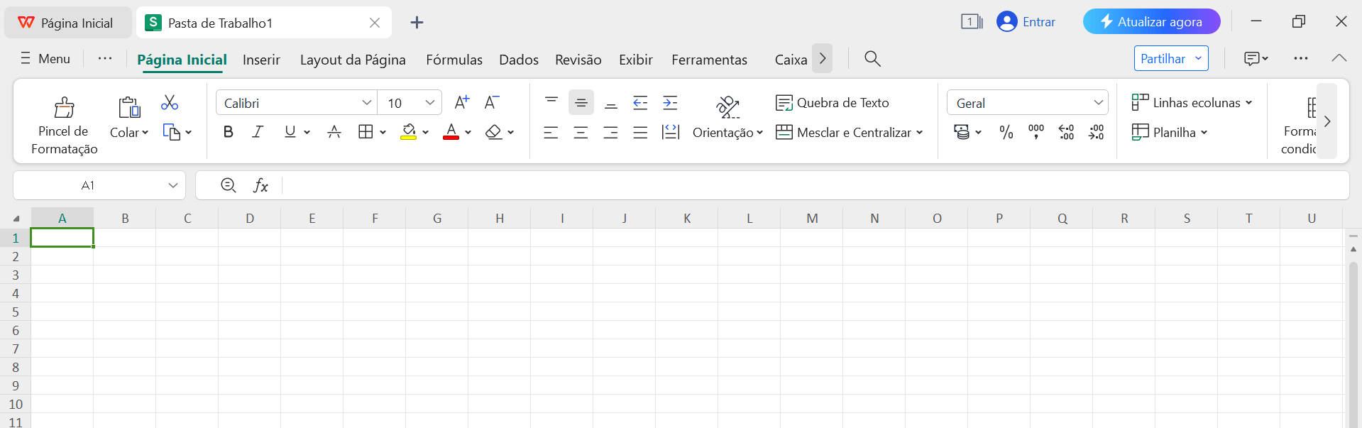 interface das planilhas do WPS