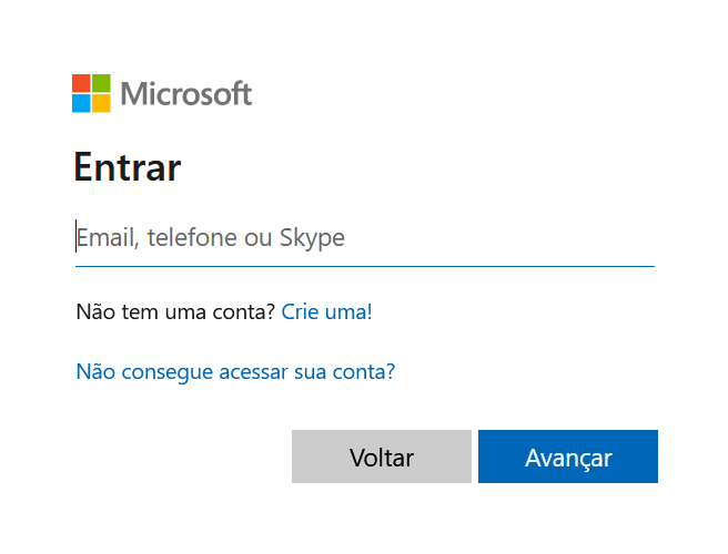 tela de login das contas da Microsoft