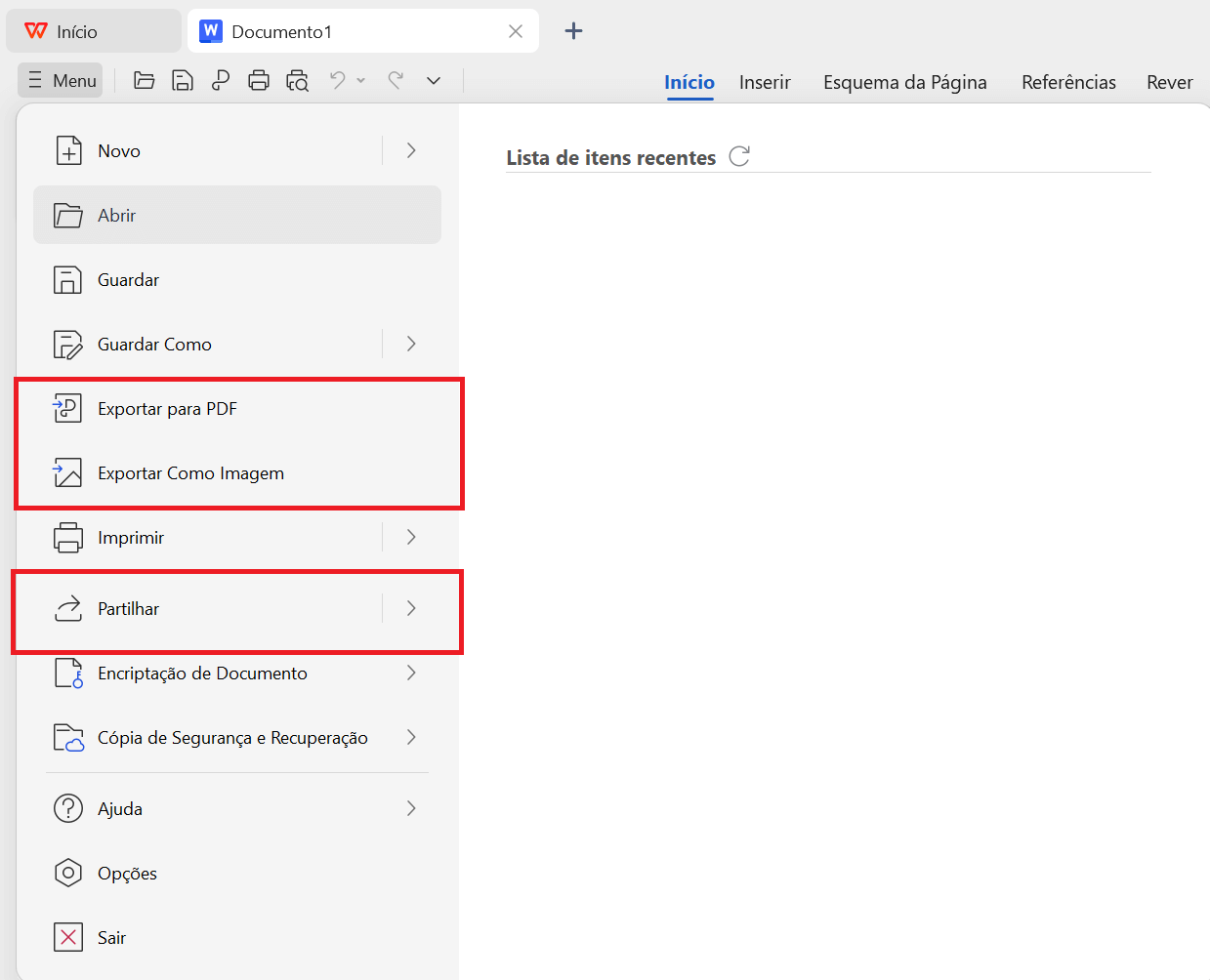 função de Exportar e compartilhar
