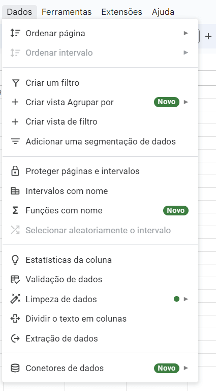 o menu Dados.