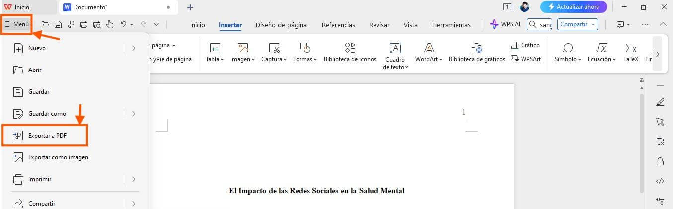 Opción Exportar a PDF en WPS Writer