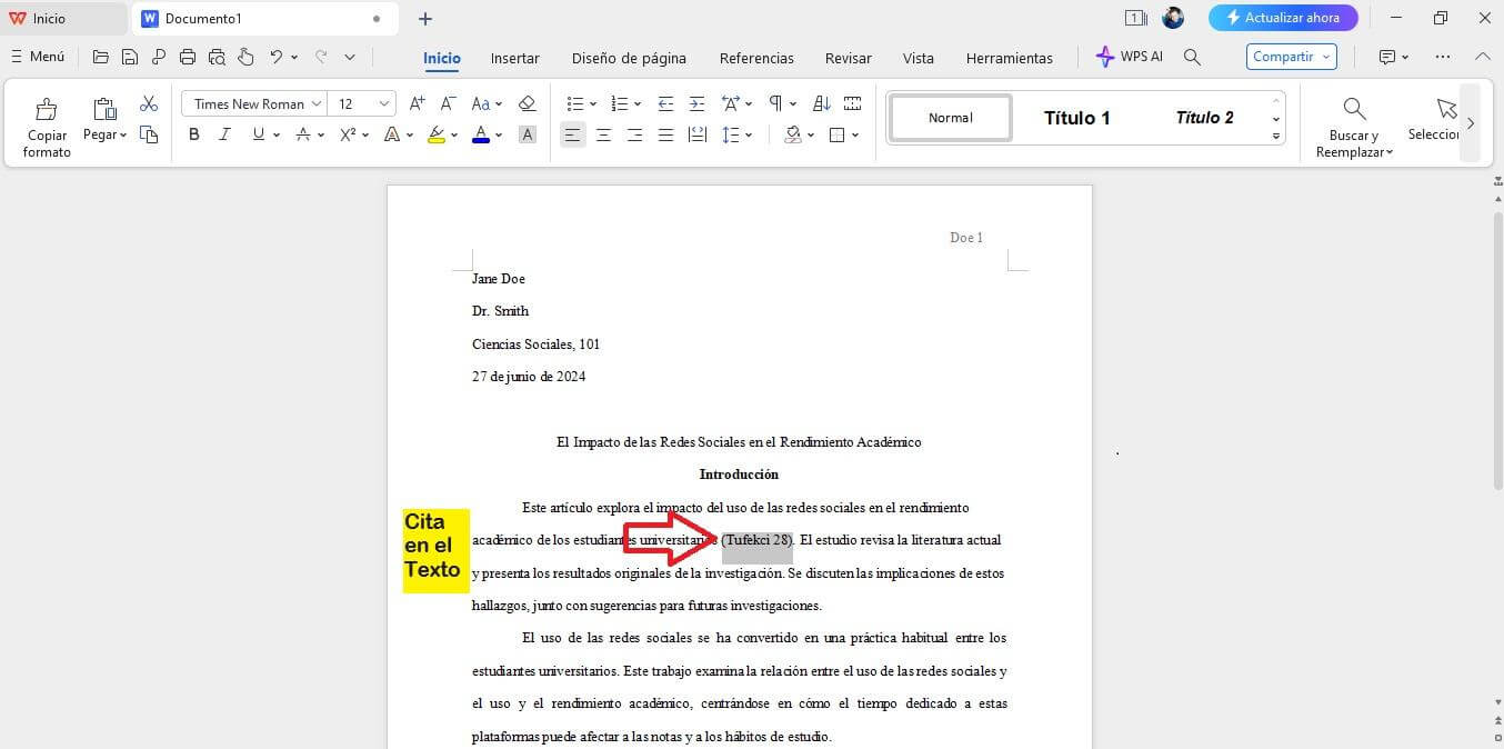 Citar en el Texto en Formato MLA