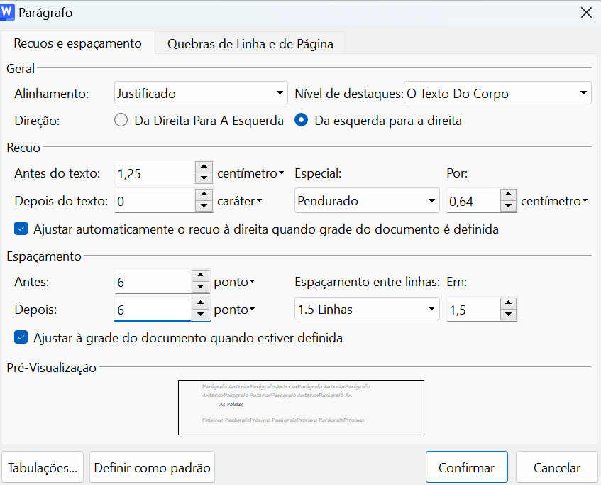 configurações de parágrafos nas normas ABNT