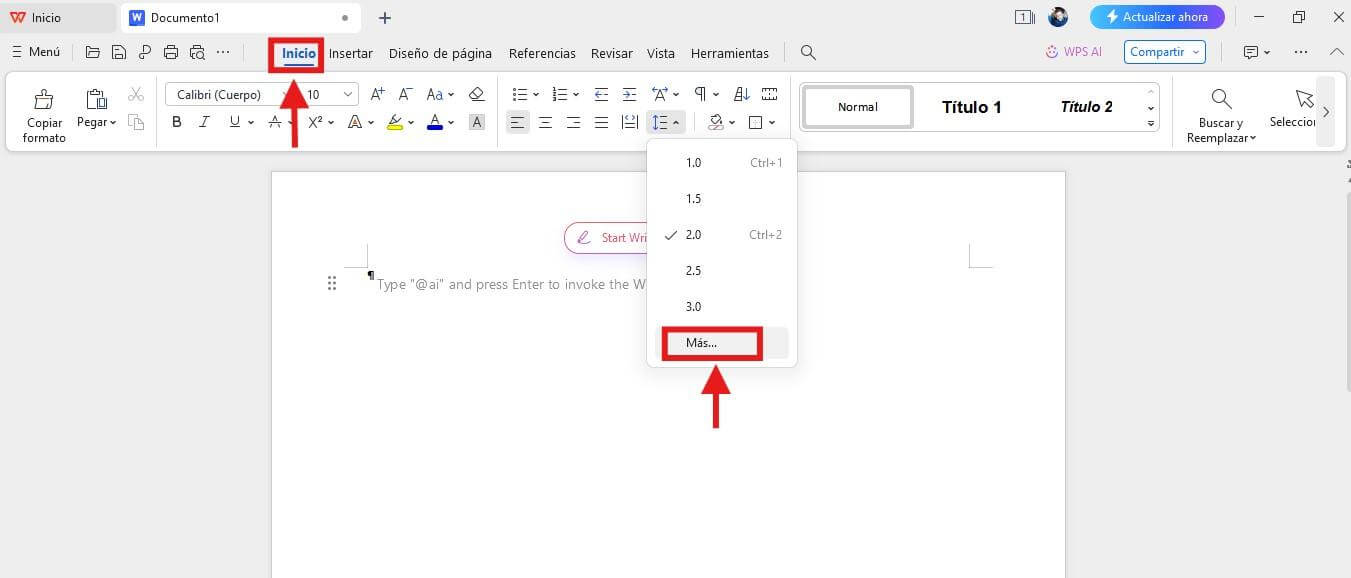 Opción de interlineado en la pestaña de inicio de WPS Writer