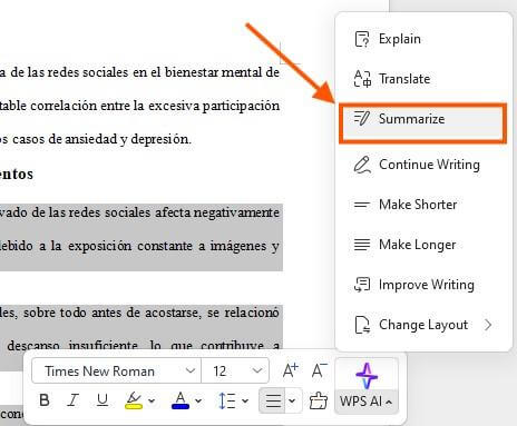 Opción Resumir de WPS AI