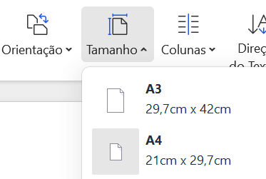 configurações de orientação e tamanho da página
