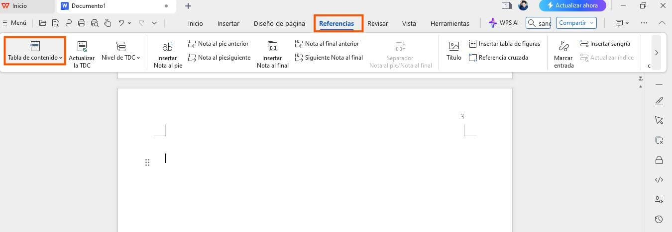 Pestaña Referencias en WPS Writer