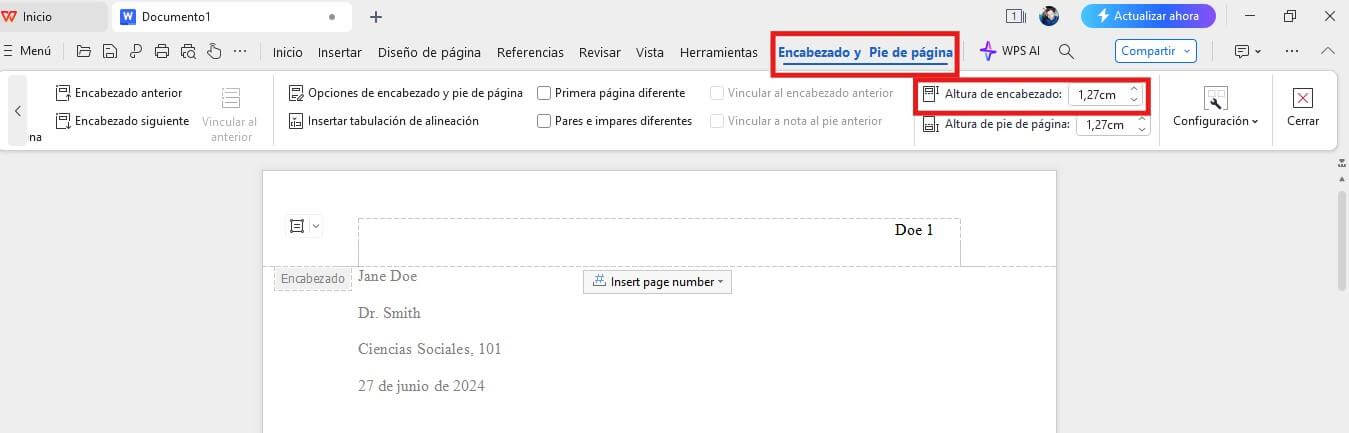 WPS Writer Altura del encabezado