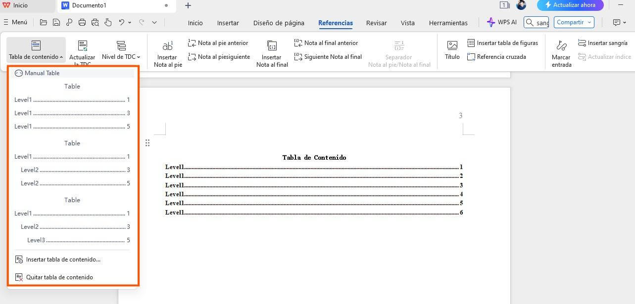 Insertar Tabla de Contenidos en WPS Writer