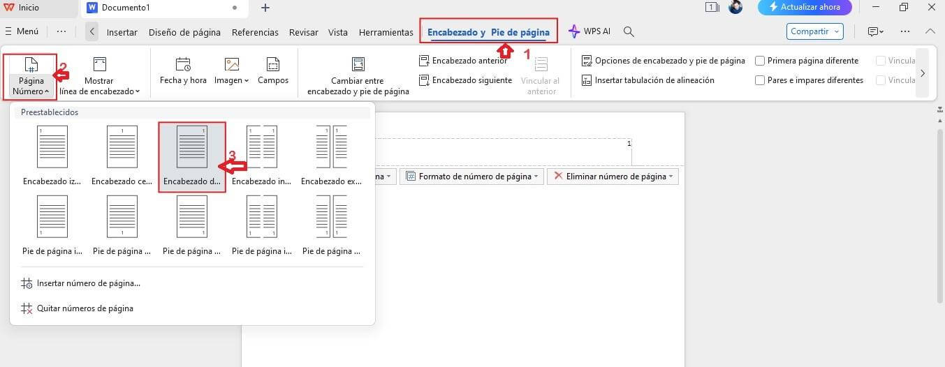 Insertar número de página en WPS Writer