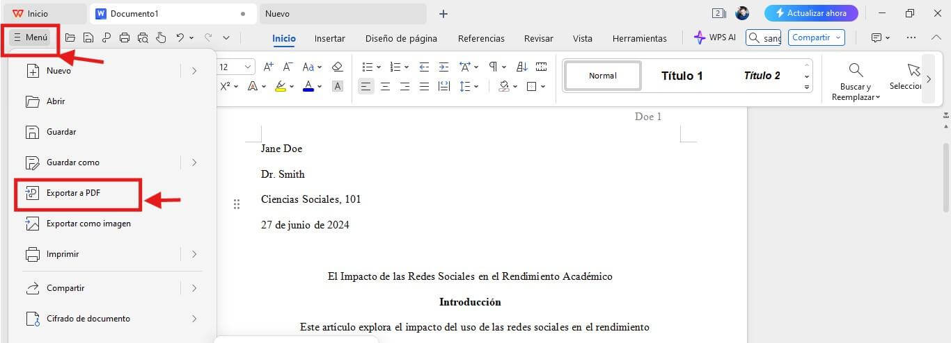 Opción Exportar a PDF en WPS Writer