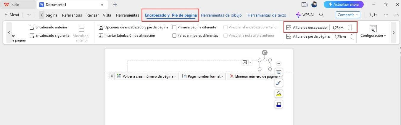 Altura del encabezado en WPS Writer