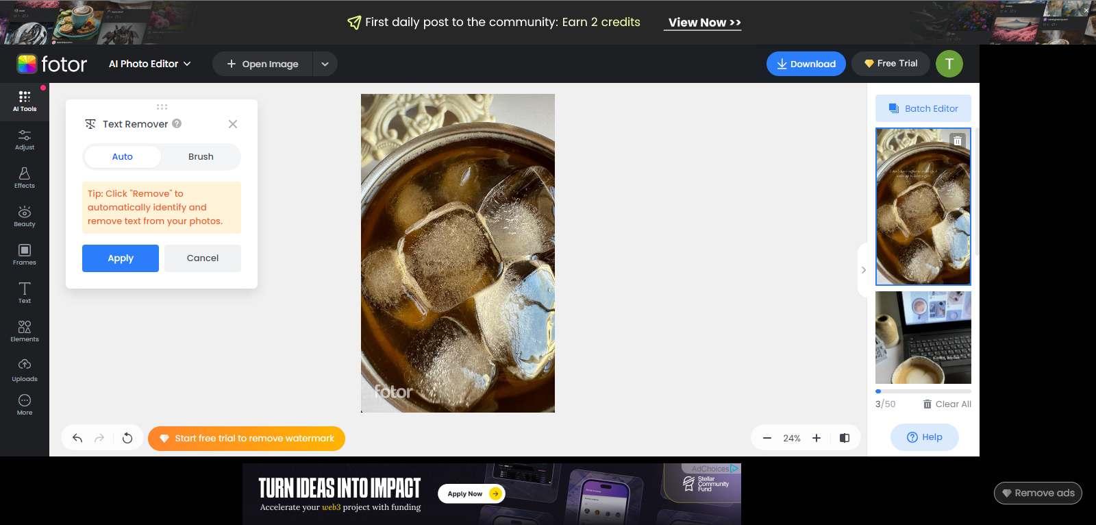 Interface do Removedor de Texto AI do Fotor