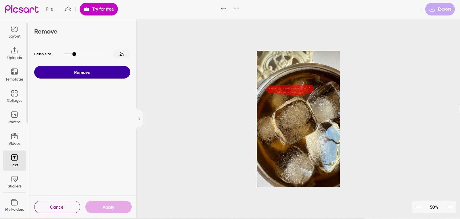 Interface do Removedor de Texto AI Picsart Quando testei o PicsArt,