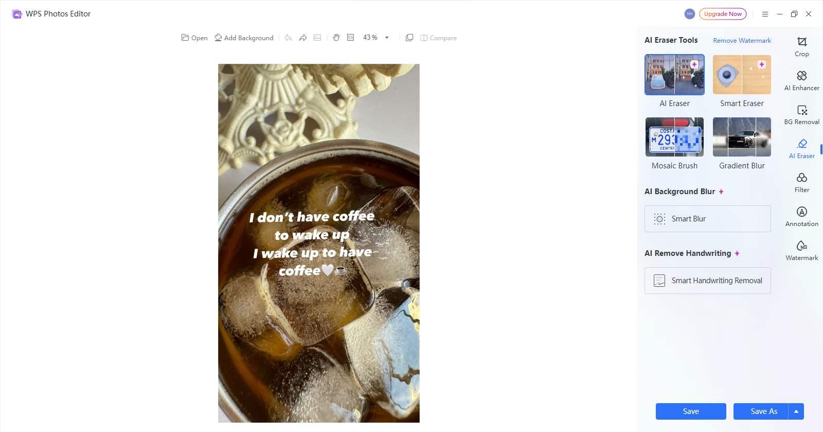 Interface do Removedor de Texto AI WPS Photos