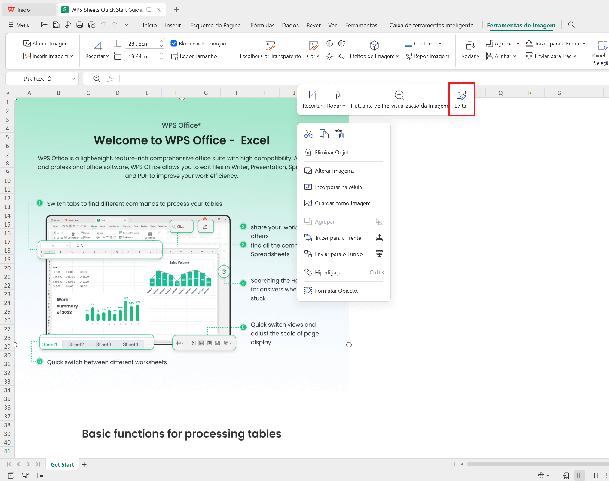Editar imagens no WPS Spreadsheets
