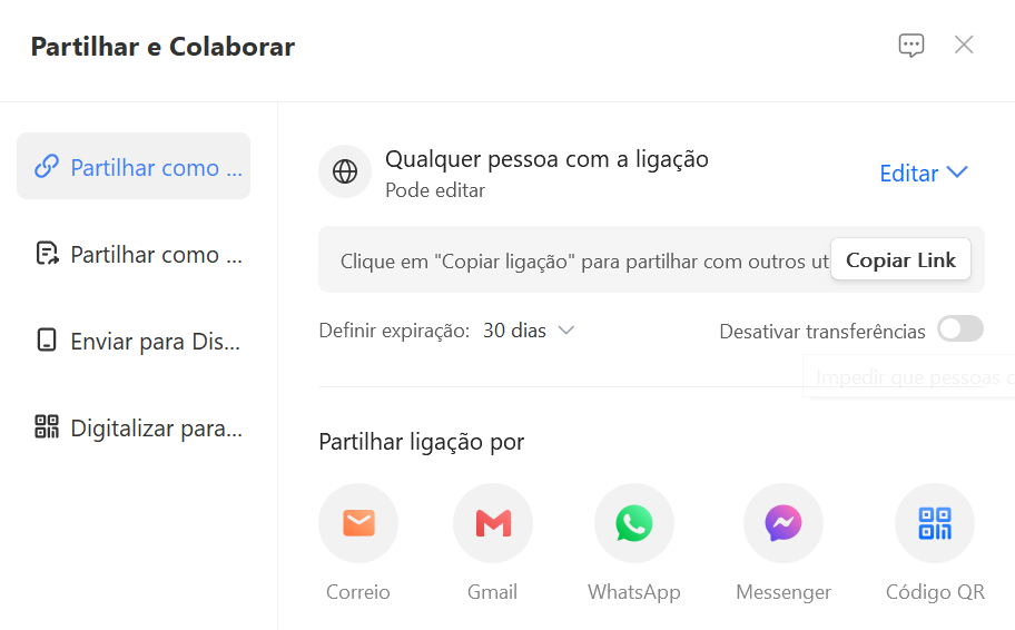 janela de compartilhamento do WPS
