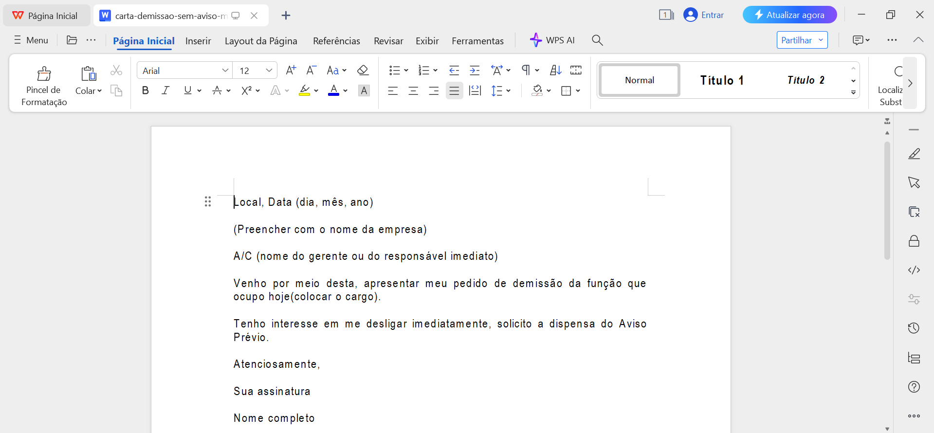 modelo de carta de demissão