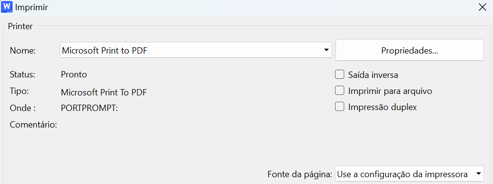 configurações da impressora