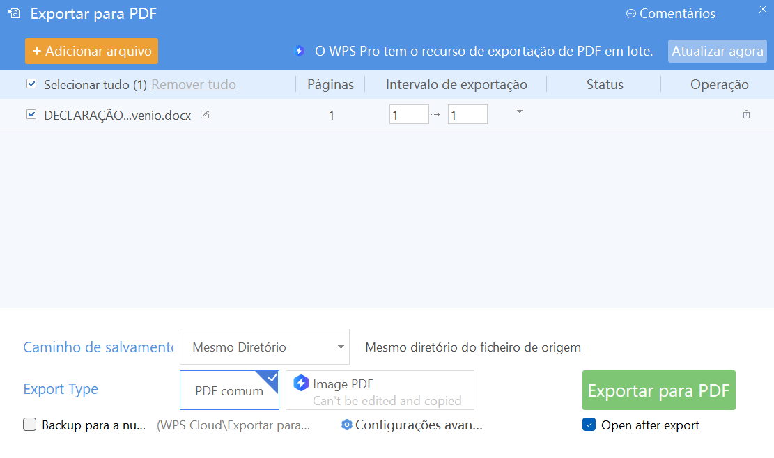 configurações de exportação para PDF