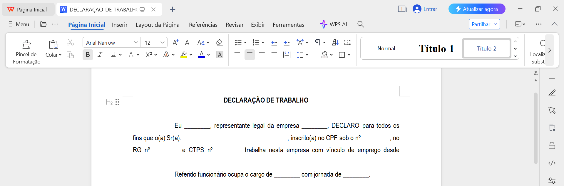 declaração de trabalho para preencher