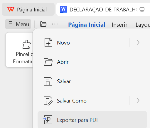 botão de exportar para PDF no menu do WPS
