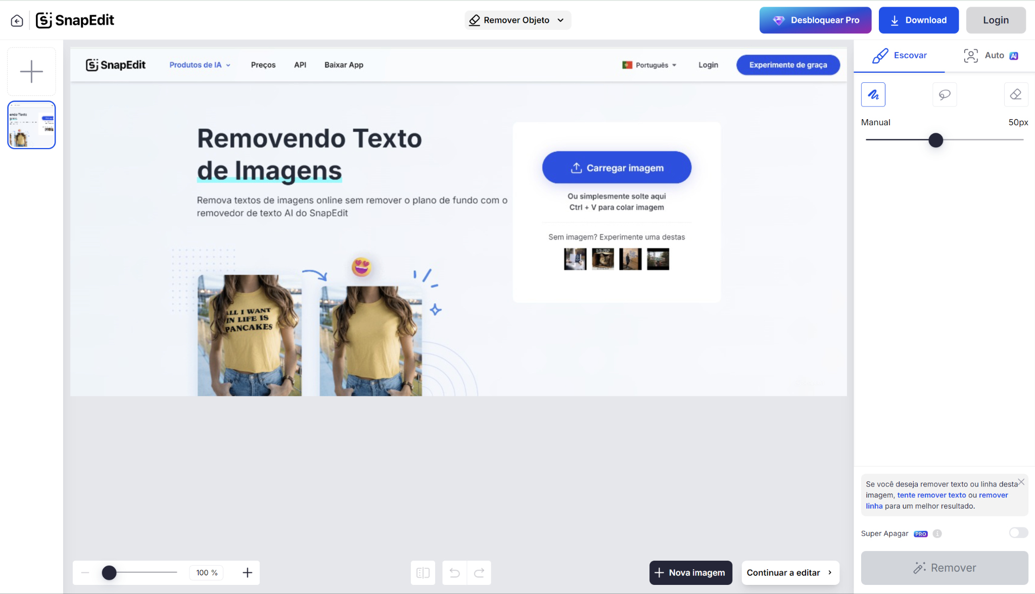 Interface do Removedor de Texto AI SnapEdit
