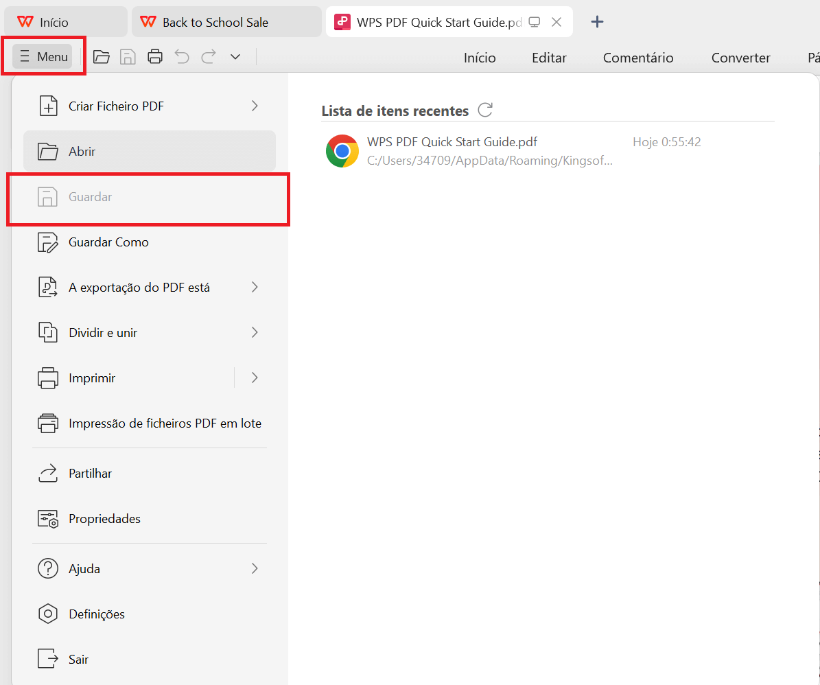 Salvar PDF no WPS Office