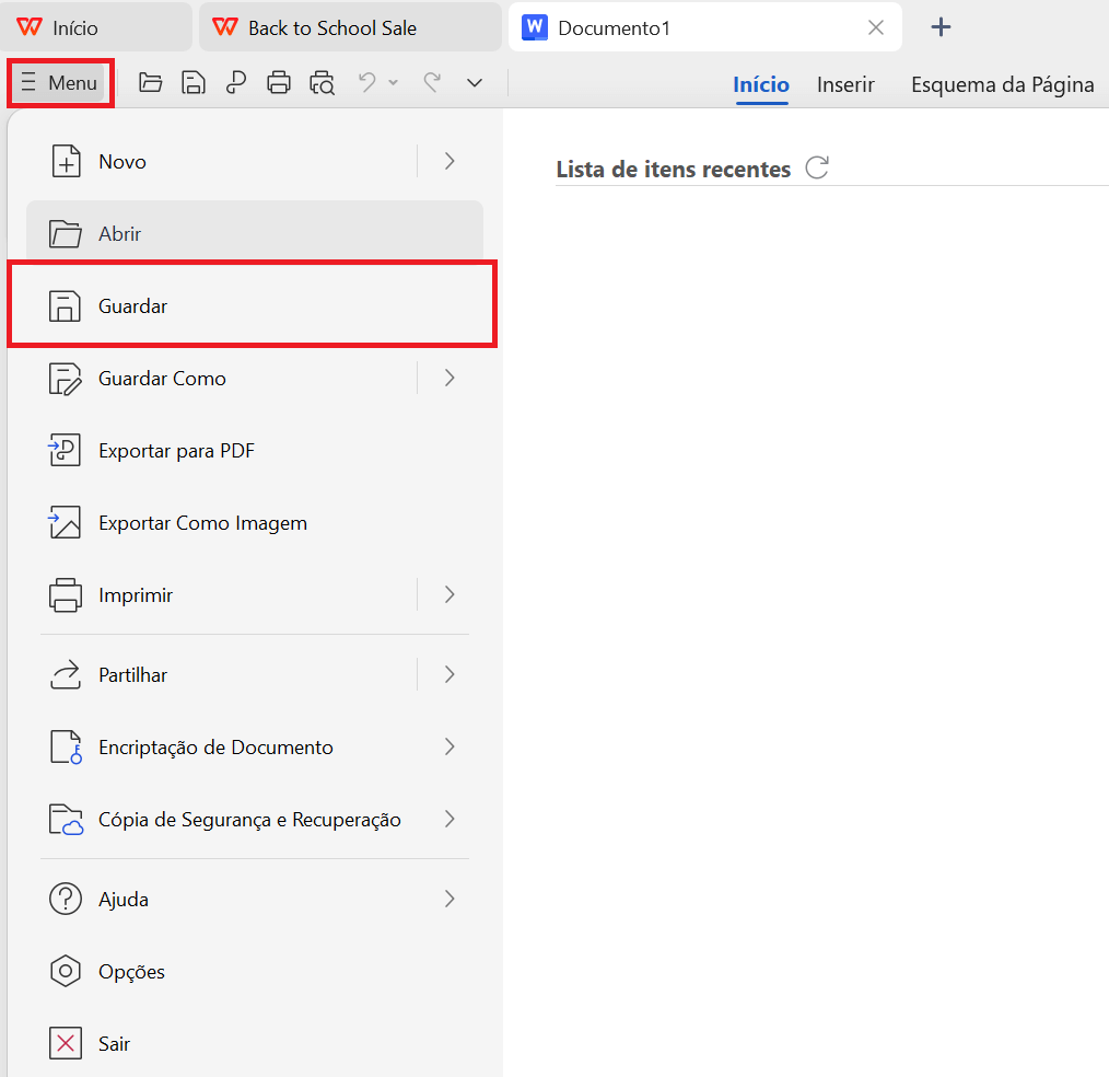 Salvar arquivo no WPS Office