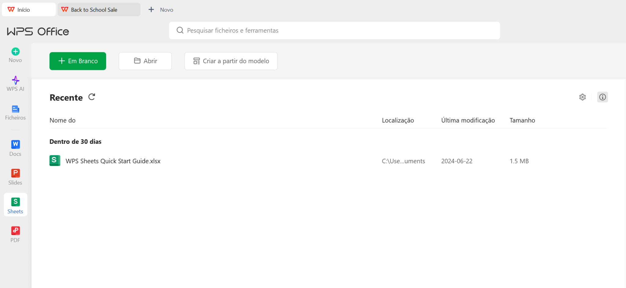 Abrindo o WPS Spreadsheet