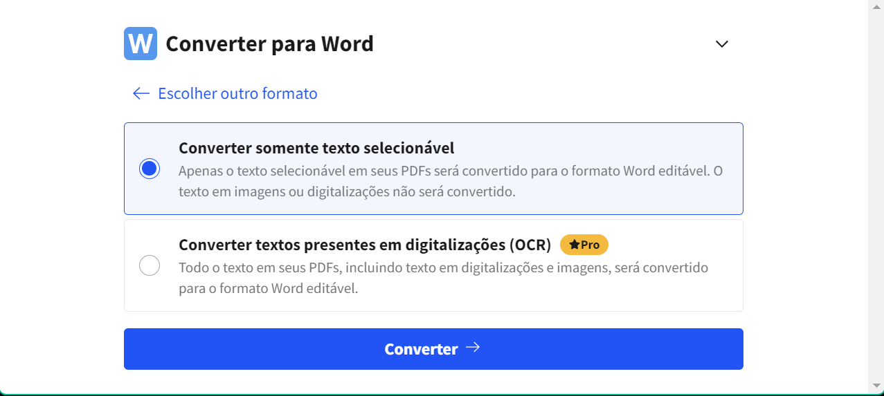 Interface de conversão de PDF para Word.