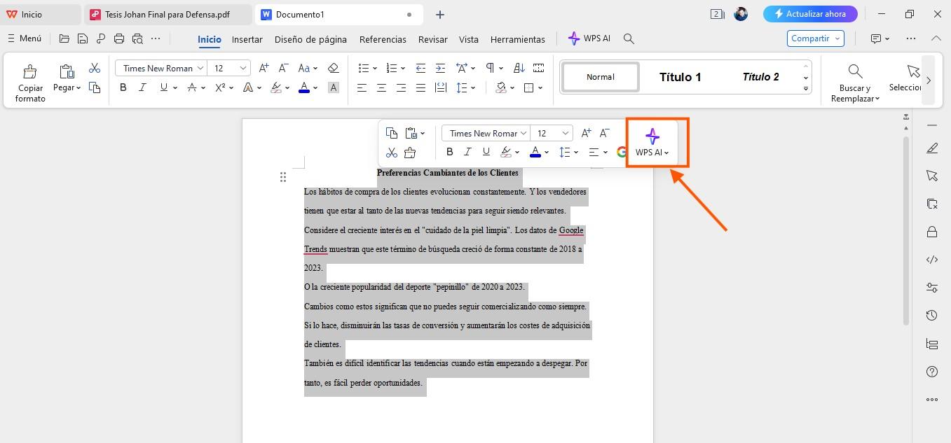 Icono de WPS AI en el menú desplegable de WPS Writer