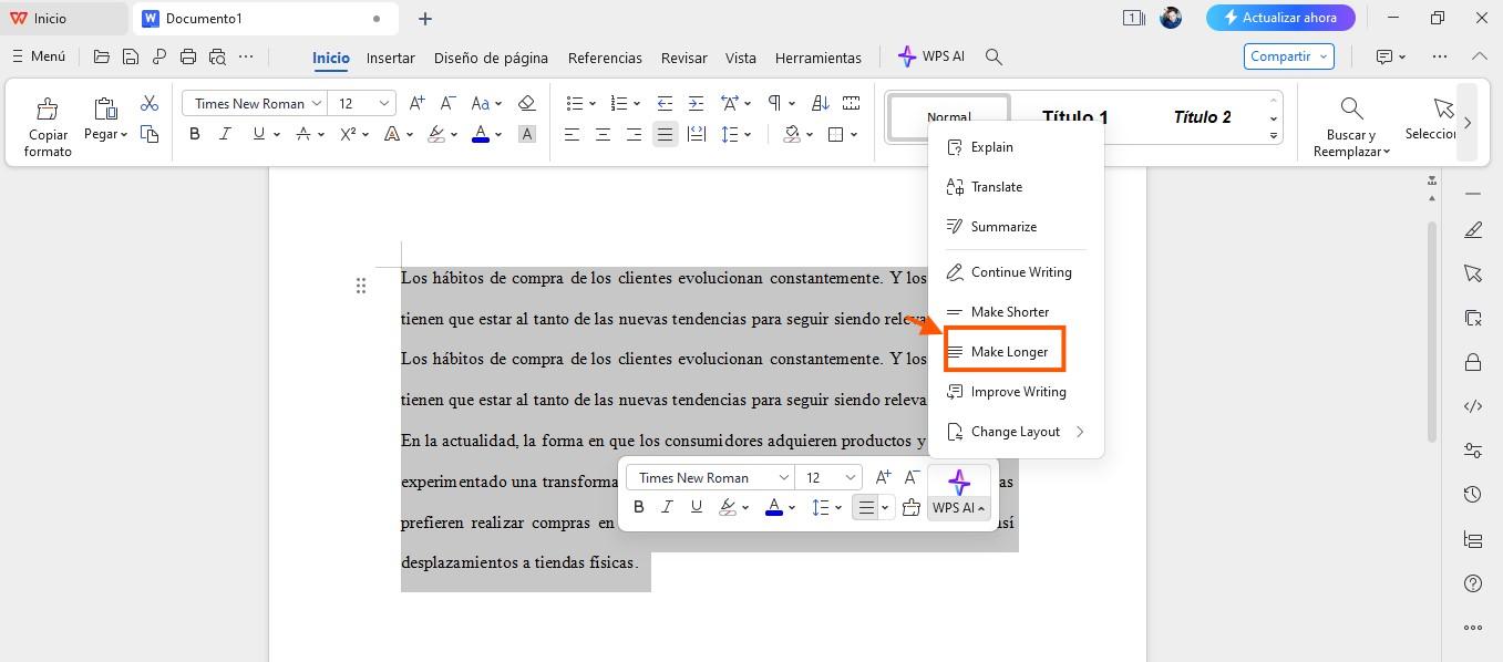 Opción Hacer Más Largo de WPS AI