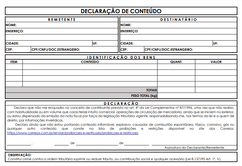 declaração de conteúdo dos Correios
