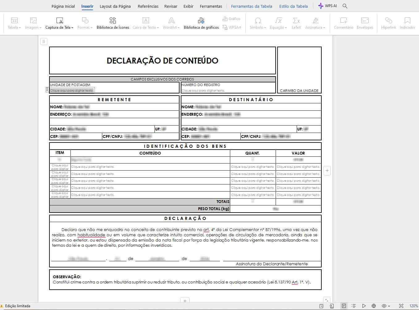 preenchendo sua declaração