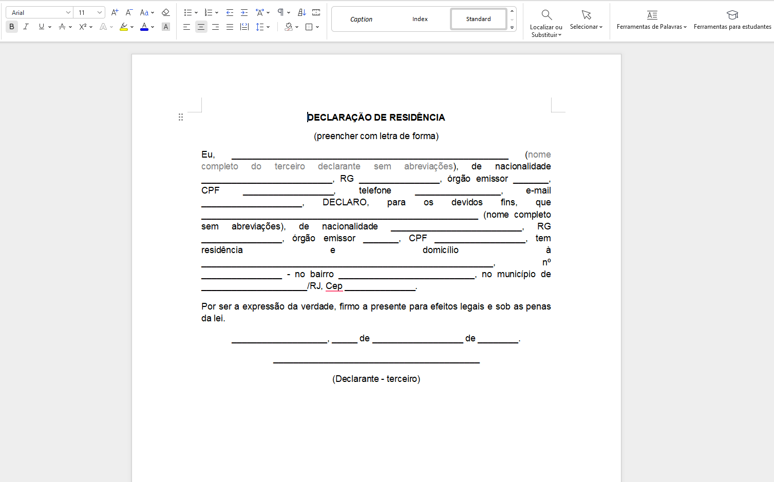declaração de residência para terceiros