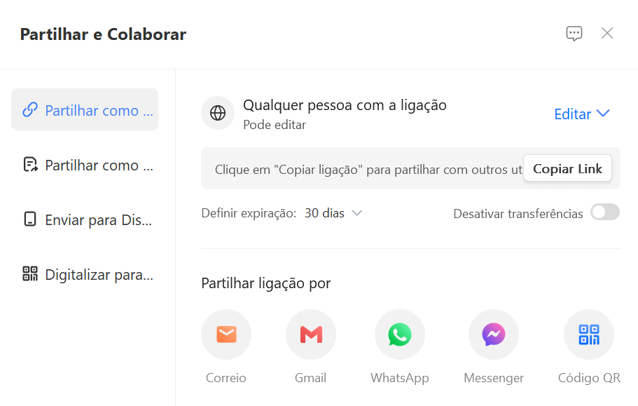 opções de compartilhamento no WPS Office