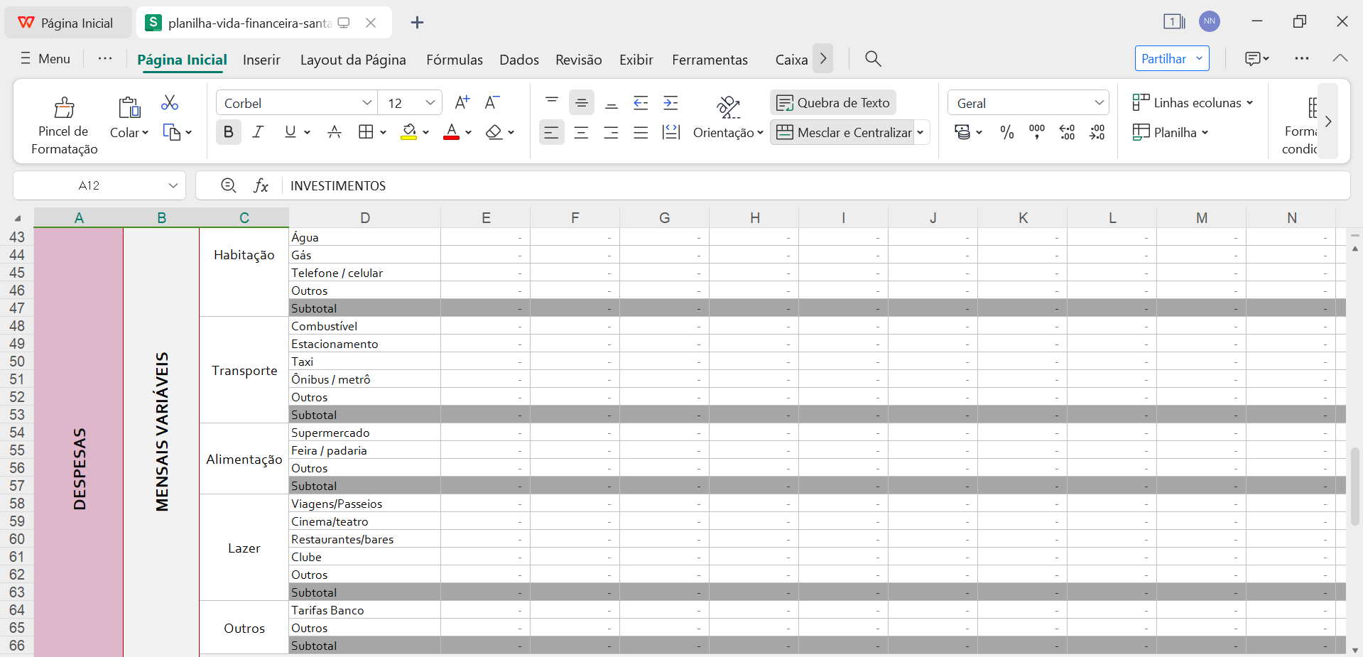 modelo de orçamento pessoal no WPS Office