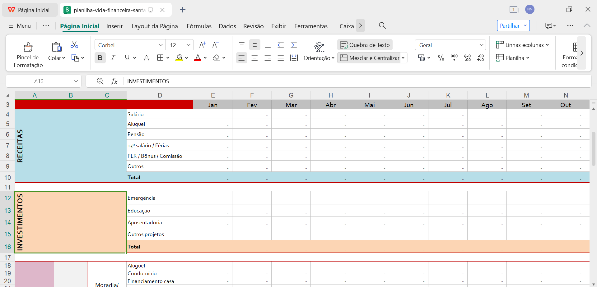 planilha financeira aberta no WPS Office