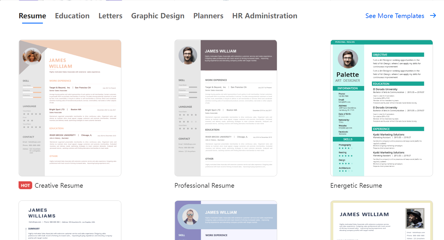 modelos de currículos no WPS Office