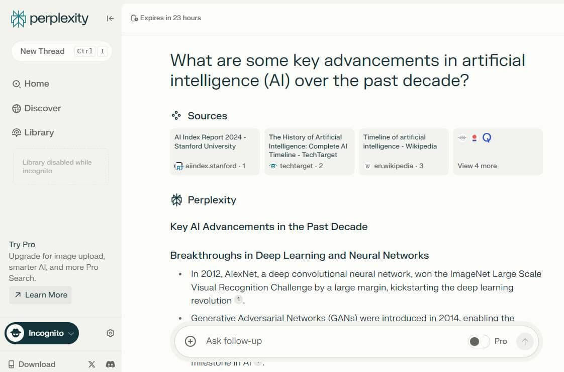  استشهادات المصادر في Perplexity AI